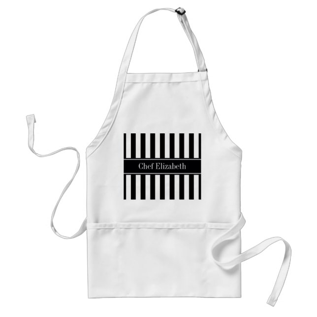 Black White Stripe Black Name Monogram Adult Apron (Front)