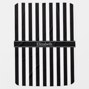 Black White Stripe Black Name Monogram Baby Blanket