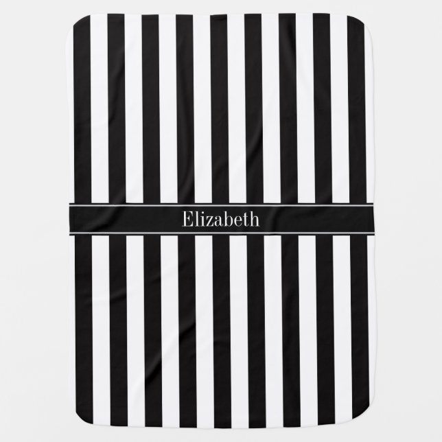 Black White Stripe Black Name Monogram Baby Blanket (Front)