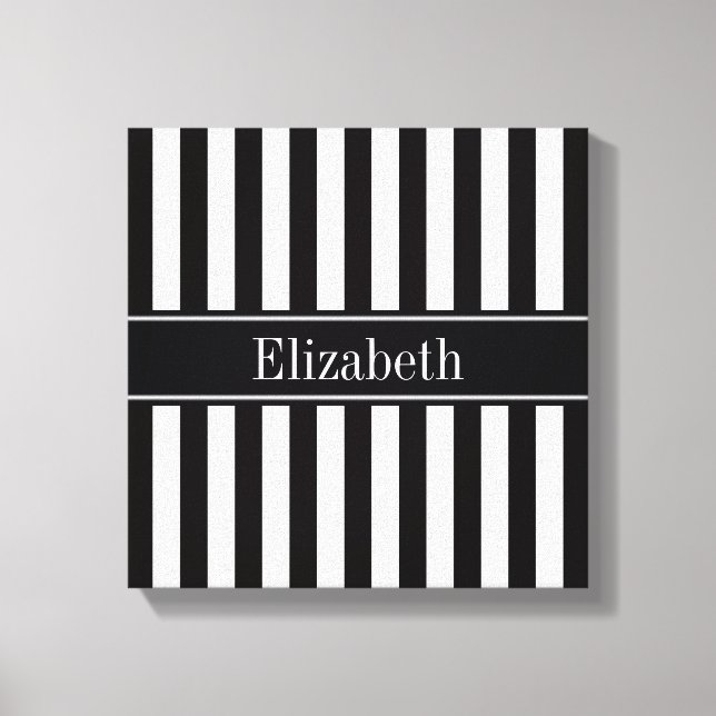 Black White Stripe Black Name Monogram Canvas Print (Front)