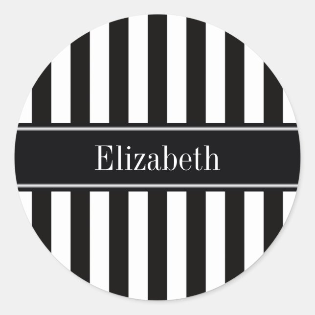 Black White Stripe Black Name Monogram Classic Round Sticker (Front)