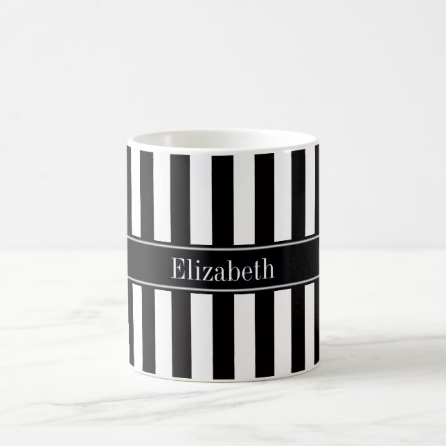 Black White Stripe Black Name Monogram Coffee Mug (Center)
