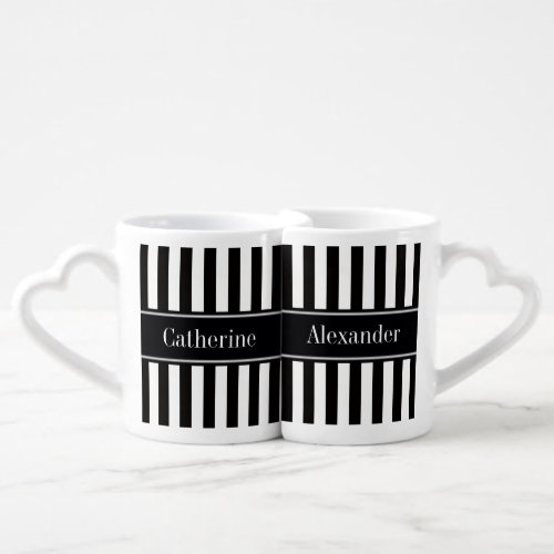 Black White Stripe Black Name Monogram Coffee Mug Set