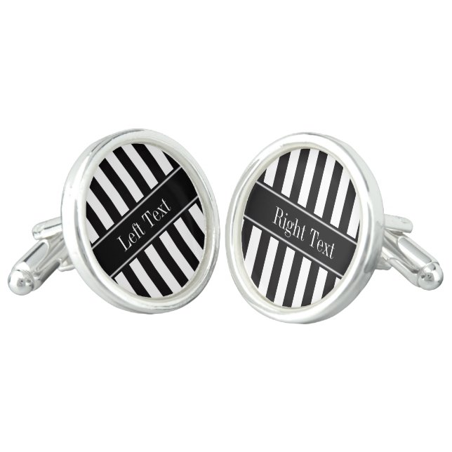 Black White Stripe Black Name Monogram Cufflinks (Angled)