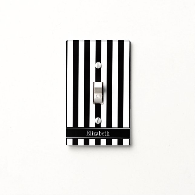 Black White Stripe Black Name Monogram Light Switch Cover (In Situ)