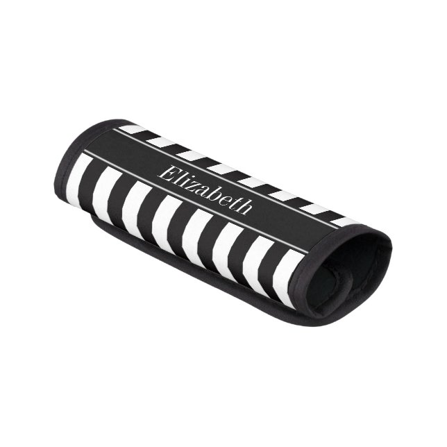 Black White Stripe Black Name Monogram Luggage Handle Wrap (Angled)