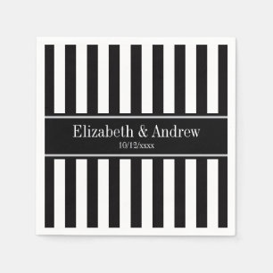 Black White Stripe Black Name Monogram Napkins
