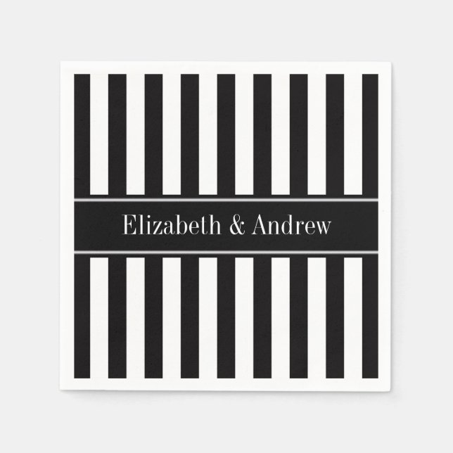 Black White Stripe Black Name Monogram Paper Napkins (Front)