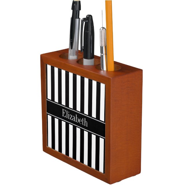 Black White Stripe Black Name Monogram Pencil/Pen Holder (In Situ)