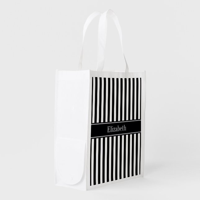 Black White Stripe Black Name Monogram Reusable Grocery Bag (Front Side)