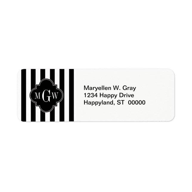 Black White Stripe Black Quatrefoil 3 Monogram Label (Front)
