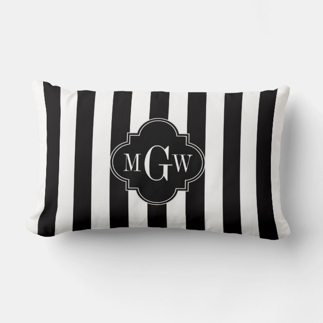 Black White Stripe Black Quatrefoil 3 Monogram Lumbar Pillow (Front)