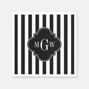 Black White Stripe Black Quatrefoil 3 Monogram Napkins
