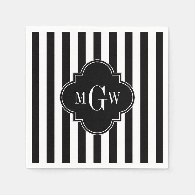 Black White Stripe Black Quatrefoil 3 Monogram Napkins (Front)