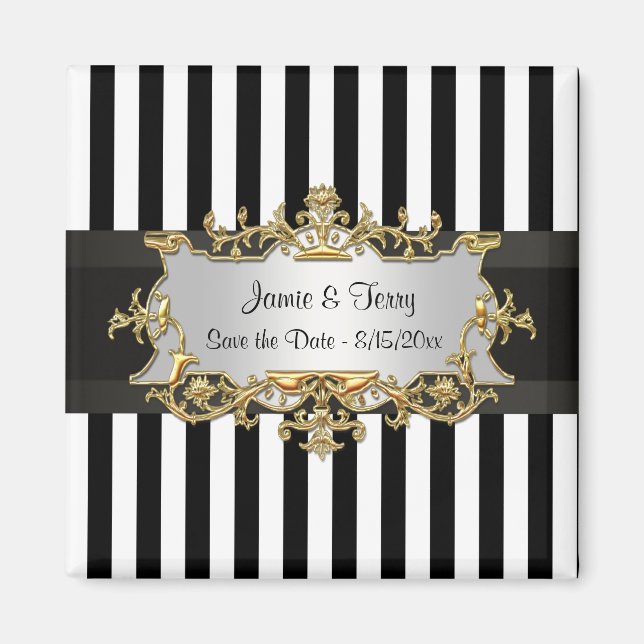 Black White Stripe, Black Ribbon Save the Date Magnet (Front)