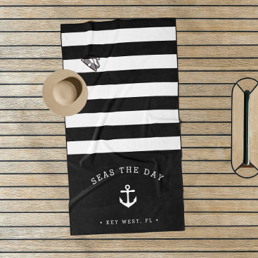 Black & White Stripe Boat Name Beach Towel