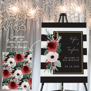 Black White Stripe Botanical Gold Wedding Welcome Foam Board