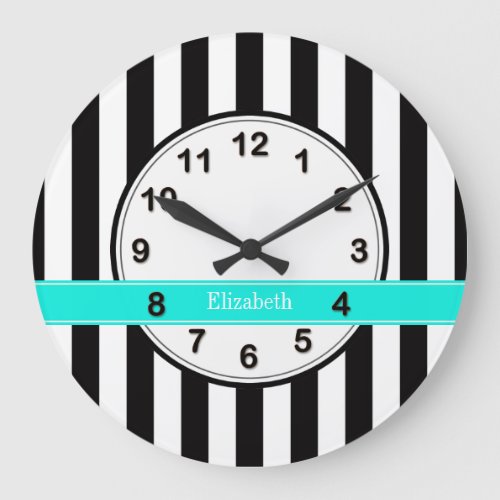 Black White Stripe Brt Aqua Ribbon Name Monogram Large Clock