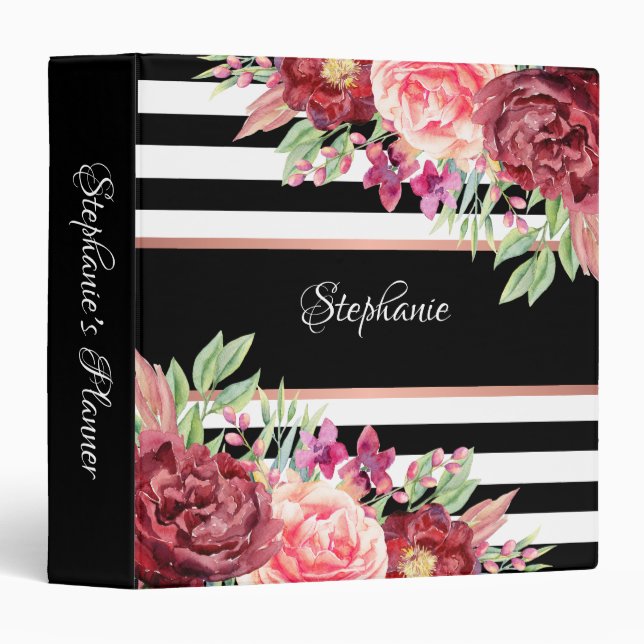 Black White Stripe Burgundy Floral Personalized 3 Ring Binder (Front/Spine)