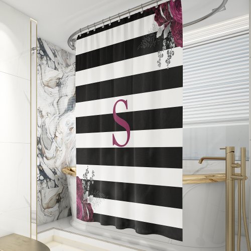 Black White Stripe Burgundy Silver Floral Monogram Shower Curtain