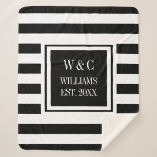 Black White Stripe Classic Monogram Sherpa Blanket