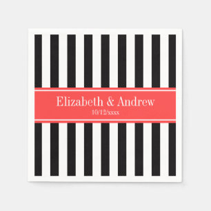 Black White Stripe Coral Red Ribbon Name Monogram Napkins