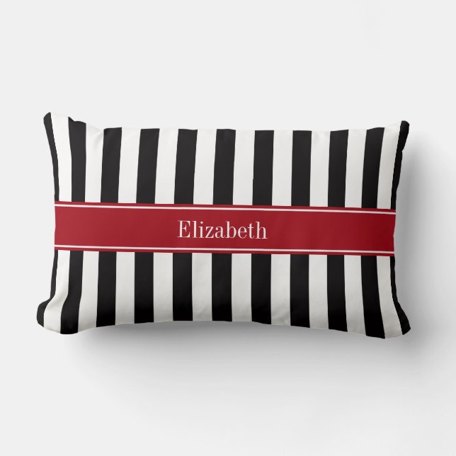 Black White Stripe Cranberry Name Monogram Lumbar Pillow (Front)