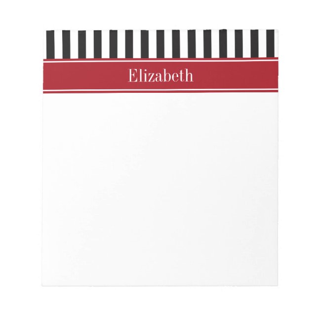 Black White Stripe Cranberry Name Monogram Notepad (Front)