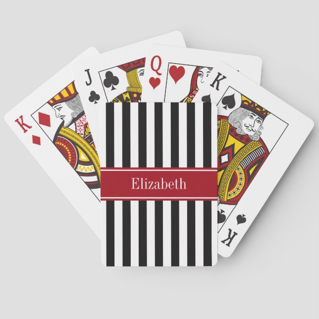 Black White Stripe Cranberry Name Monogram Poker Cards (Back)
