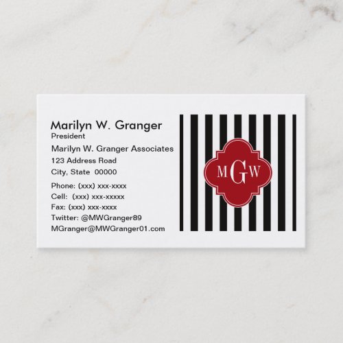 Black White Stripe Cranberry Quatrefoil 3 Monogram Business Card Templates