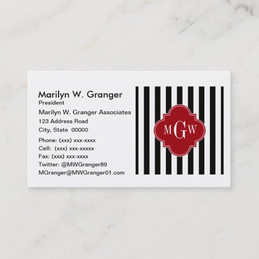 Customizable Black White Stripe Cranberry Quatrefoil 3 Monogram Business Card Templates