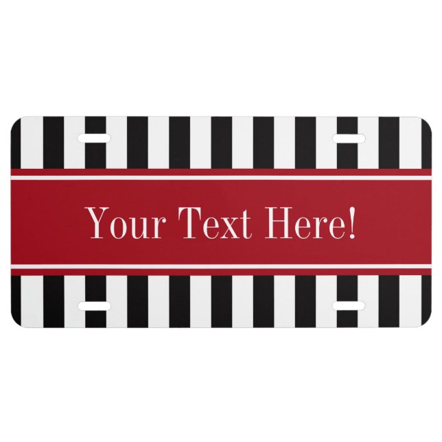 Black White Stripe Cranberry Red Name Monogram License Plate (Front)