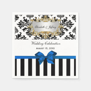 Black White Stripe Damask Blue Ribbon Paper Napkins
