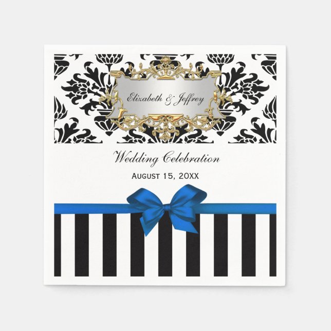Black White Stripe Damask Blue Ribbon Paper Napkins (Front)