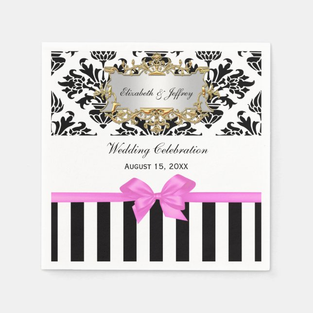 Black White Stripe Damask Bubble Gum Pink Ribbon Napkins (Front)