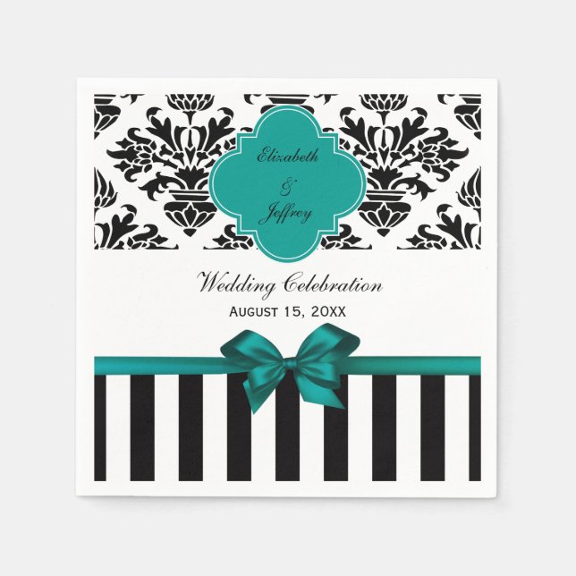 Black White Stripe Damask Dark Teal Ribbon Napkins (Front)