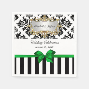 Black White Stripe Damask Emerald Green Ribbon Paper Napkins