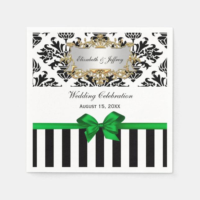 Black White Stripe Damask Emerald Green Ribbon Paper Napkins (Front)