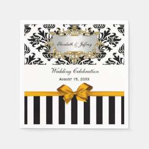 Black White Stripe Damask Goldenrod Ribbon Paper Napkins