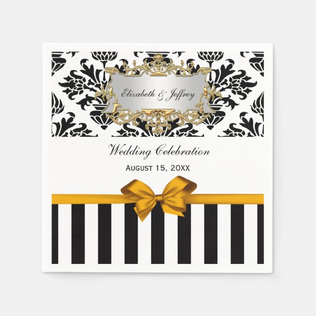Black White Stripe Damask Goldenrod Ribbon Paper Napkins (Front)