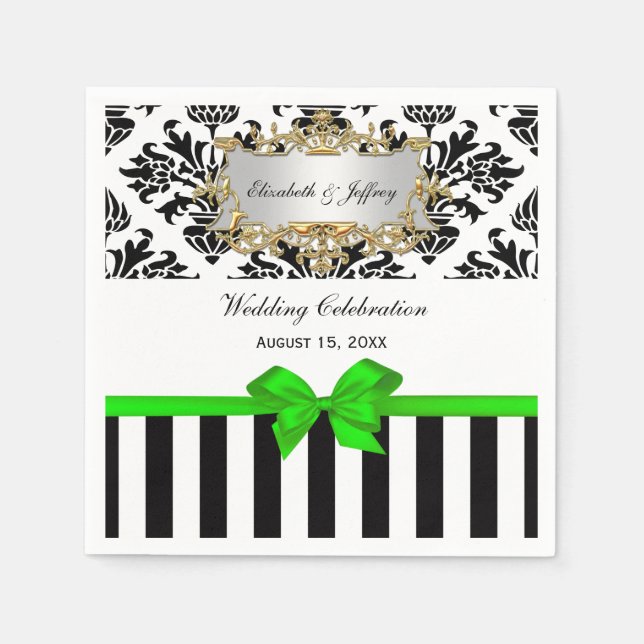 Black White Stripe Damask Lime Green Ribbon Paper Napkins (Front)