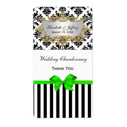 Black White Stripe Damask Lime Party Wine Label