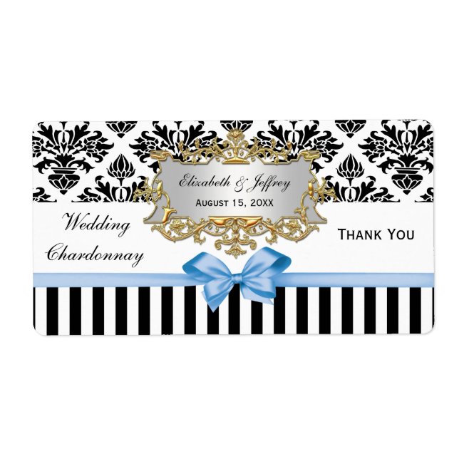 Black White Stripe Damask Lt Blue Party Wine Label (Front)