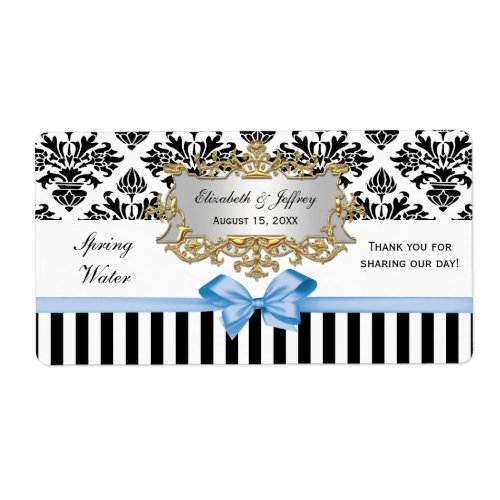 Black White Stripe Damask Lt Blue Water Label