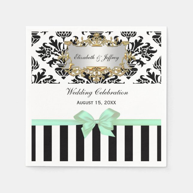 Black White Stripe Damask Mint Ribbon Paper Napkins (Front)