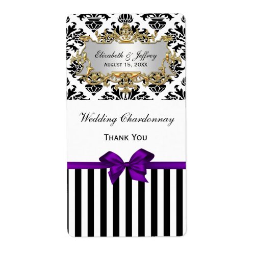 Black White Stripe Damask Purple Party Wine Label