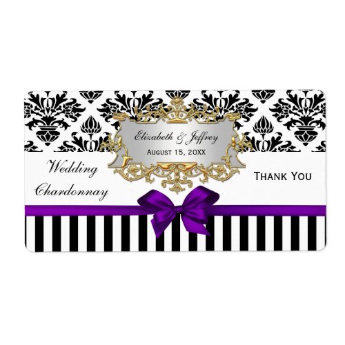 Black White Stripe Damask Purple Party Wine Label