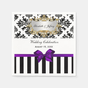 Black White Stripe Damask Purple Ribbon Paper Napkins