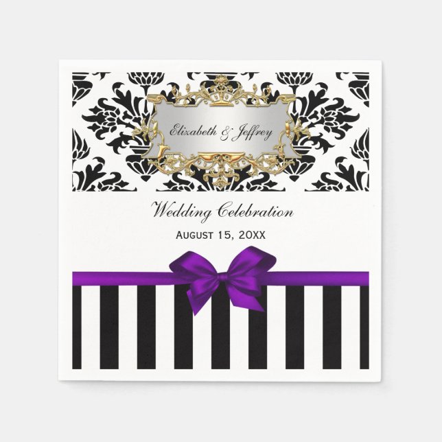 Black White Stripe Damask Purple Ribbon Paper Napkins (Front)
