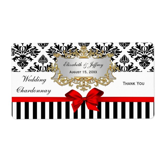 Black White Stripe Damask Red Party Wine Label (Front)